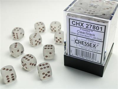 Frosted 12mm d6 Clear/black Dice Block (36 dice) CHX27801 - Dice Sets & Games
