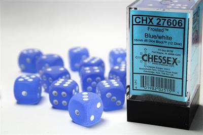 Frosted 16mm d6 Blue/white Dice Block (12 dice) CHX27606 - Dice Sets & Games