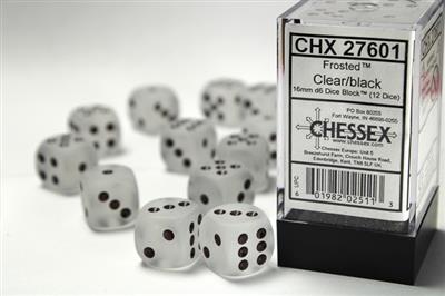 Frosted 16mm d6 Clear/black Dice Block (12 dice) CHX27601 - Dice Sets & Games