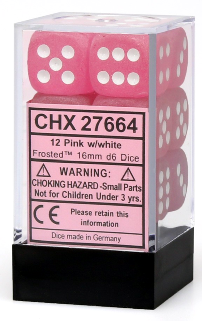 Frosted 16mm d6 Pink w/white Dice Block (12 dice) CHX27664 - Dice Sets & Games