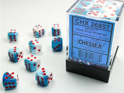 Gemini 12mm d6 Astral Blue-White/red Dice Block (36 dice) CHX26857 - Dice Sets & Games