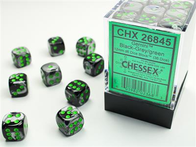 Gemini 12mm d6 Black-Grey/green Dice Block (36 dice) CHX26845 - Dice Sets & Games