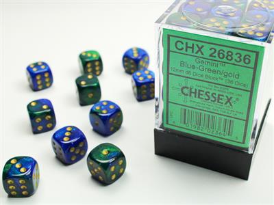 Gemini 12mm d6 Blue-Green/gold Dice Block (36 dice) CHX26836 - Dice Sets & Games