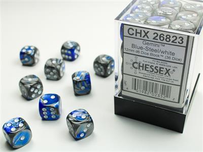 Gemini 12mm d6 Blue-Steel/white Dice Block (36 dice) CHX26823 - Dice Sets & Games