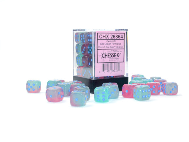 Gemini 12mm d6 Gel Green-Pink/blue Dice Block (36 dice) CHX26864 - Dice Sets & Games