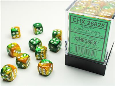 Gemini 12mm d6 Gold-Green/white Dice Block (36 dice) CHX26825 - Dice Sets & Games
