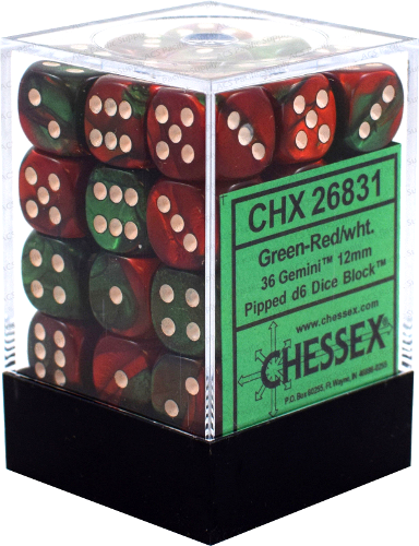 Gemini 12mm d6 Green-Red/white Dice Block (36 dice) CHX26831 - Dice Sets & Games