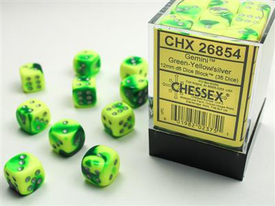 Gemini 12mm d6 Green-Yellow/silver Dice Block (36 dice) CHX26854 - Dice Sets & Games