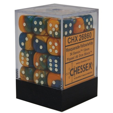 Gemini 12mm d6 Masquerade-Yellow/white Dice Block (36 dice) CHX26860 - Dice Sets & Games
