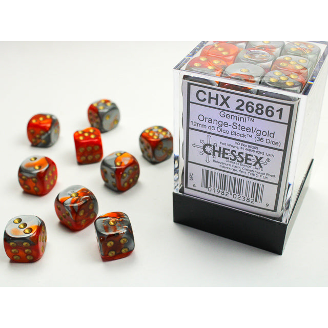 Gemini 12mm d6 Orange-Steel/gold Dice Block (36 dice) CHX26861 - Dice Sets & Games