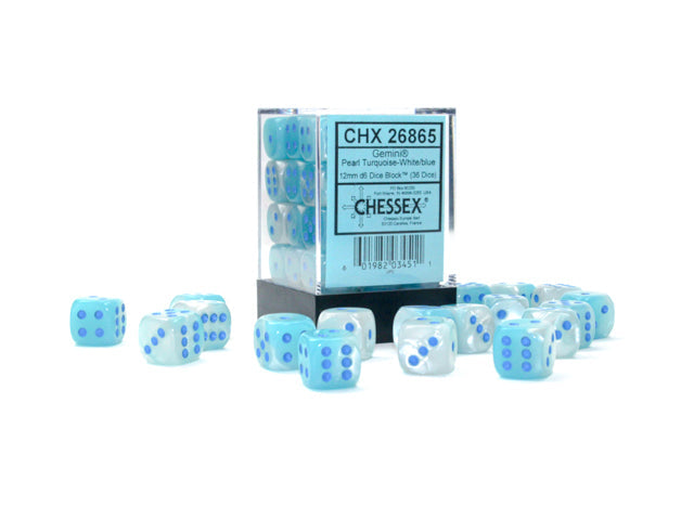Gemini 12mm d6 Pearl Turquoise-White/blue Dice Block (36 dice) CHX26865 - Dice Sets & Games