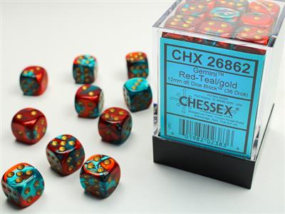 Gemini 12mm d6 Red-Teal/gold Dice Block (36 dice) CHX26862 - Dice Sets & Games