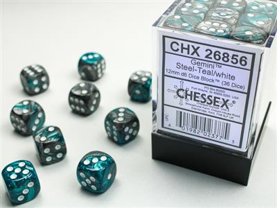 Gemini 12mm d6 Steel-Teal/white Dice Block (36 dice) CHX26856 - Dice Sets & Games