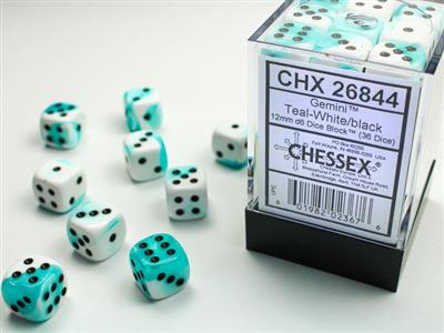 Gemini 12mm d6 Teal-White/black Dice Block (36 dice) CHX26844 - Dice Sets & Games