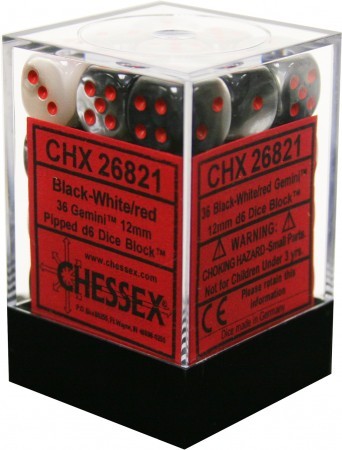 Gemini 12mm Pipped d6 Black-White/red Dice Block (36 dice) CHX26821 - Dice Sets & Games