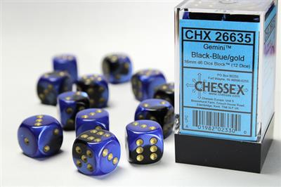 Gemini 16mm d6 Black-Blue/gold Dice Block (12 dice) CHX26635 - Dice Sets & Games