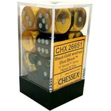 Gemini 16mm d6 Black-Gold w/silver Dice Block (12 dice) CHX26651 - Dice Sets & Games