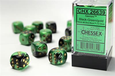 Gemini 16mm d6 Black-Green/gold Dice Block (12 dice) CHX26639 - Dice Sets & Games