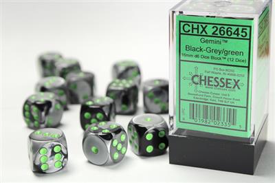 Gemini 16mm d6 Black-Grey/green Dice Block™(12 dice) CHX26645 - Dice Sets & Games