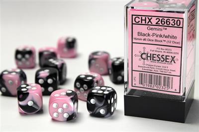 Gemini 16mm d6 Black-Pink/white Dice Block (12 dice) CHX26630 - Dice Sets & Games