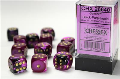 Gemini 16mm d6 Black-Purple/gold Dice Block (12 dice) CHX26640 - Dice Sets & Games