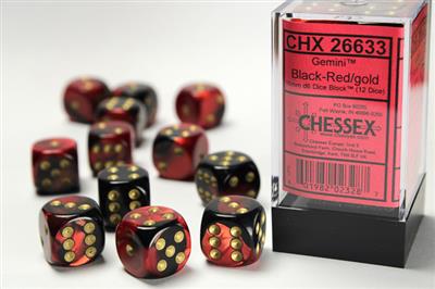 Gemini 16mm d6 Black-Red/gold Dice Block (12 dice) CHX26633 - Dice Sets & Games