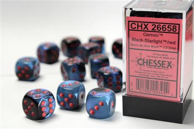 Gemini 16mm d6 Black-Starlight/red Dice Block (12 dice) CHX26658 - Dice Sets & Games