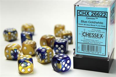 Gemini 16mm d6 Blue-Gold/white Dice Block (12 dice) CHX26622 - Dice Sets & Games