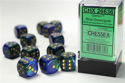 Gemini 16mm d6 Blue-Green/gold Dice Block (12 dice) CHX26636 - Dice Sets & Games