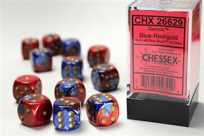 Gemini 16mm d6 Blue-Red/gold Dice Block (12 dice) CHX26629 - Dice Sets & Games