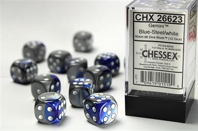 Gemini 16mm d6 Blue-Steel/white Dice Block (12 dice) CHX26623 - Dice Sets & Games