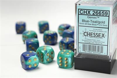 Gemini 16mm d6 Blue-Teal/gold Dice Block (12 dice) CHX26659 - Dice Sets & Games