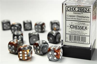 Gemini 16mm d6 Copper-Steel/white Dice Block (12 dice) CHX26624 - Dice Sets & Games