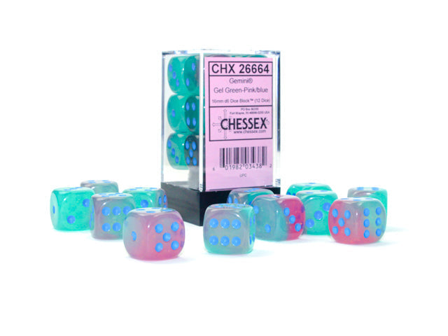 Gemini 16mm d6 Gel Green-Pink/blue Dice Block (12 dice) CHX26664 - Dice Sets & Games