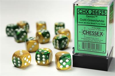 Gemini 16mm d6 Gold-Green/white Dice Block (12 dice) CHX26625 - Dice Sets & Games