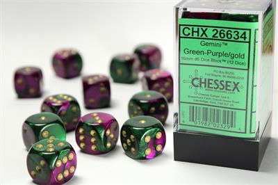 Gemini 16mm d6 Green-Purple/gold Dice Block (12 dice) CHX26634 - Dice Sets & Games