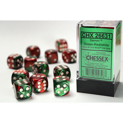 Gemini 16mm d6 Green-Red/white Dice Block (12 dice) CHX26631 - Dice Sets & Games