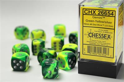Gemini 16mm d6 Green-Yellow/silver Dice Block (12 dice) CHX26654 - Dice Sets & Games