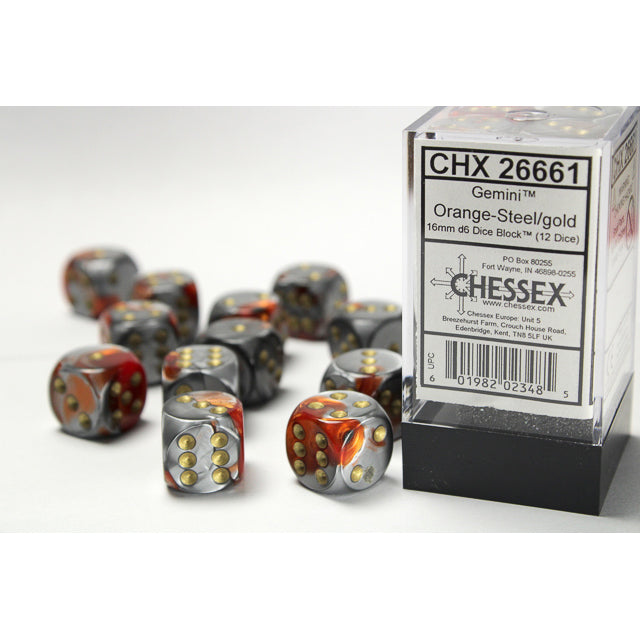 Gemini 16mm d6 Orange-Steel/gold Dice Block (12 dice) CHX26661 - Dice Sets & Games