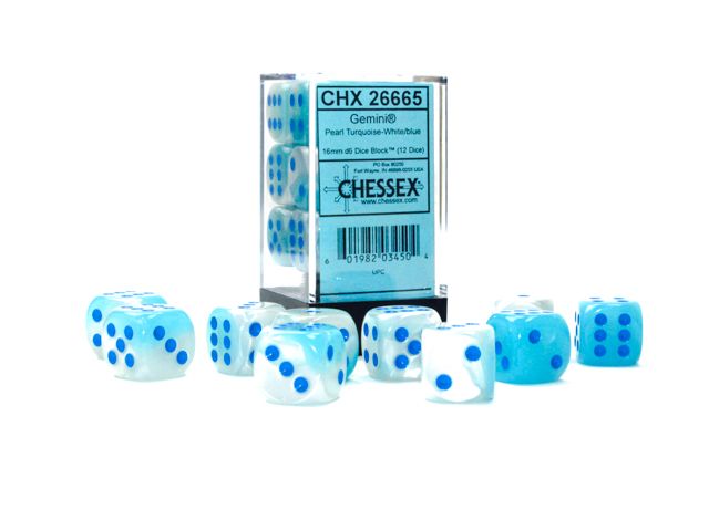 Gemini 16mm d6 Pearl-Turquoise-White/blue Dice Block (12 dice) CHX26665 - Dice Sets & Games