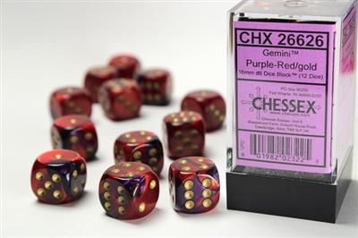 Gemini 16mm d6 Purple-Red/gold Dice Block (12 dice) CHX26626 - Dice Sets & Games