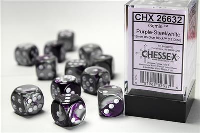 Gemini 16mm d6 Purple-Steel/white Dice Block (12 dice) CHX26632 - Dice Sets & Games