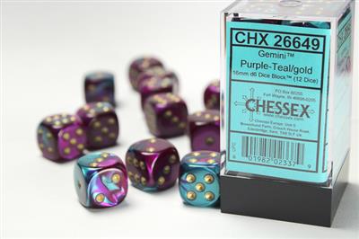 Gemini 16mm d6 Purple-Teal/gold Dice Block (12 dice) CHX26649 - Dice Sets & Games