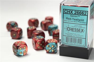 Gemini 16mm d6 Red-Teal/gold Dice Block (12 dice) CHX26662 - Dice Sets & Games