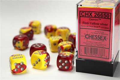 Gemini 16mm d6 Red-Yellow/silver Dice Block (12 dice) CHX26650 - Dice Sets & Games