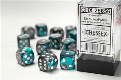 Gemini 16mm d6 Steel-Teal/white Dice Block (12 dice) CHX26656 - Dice Sets & Games