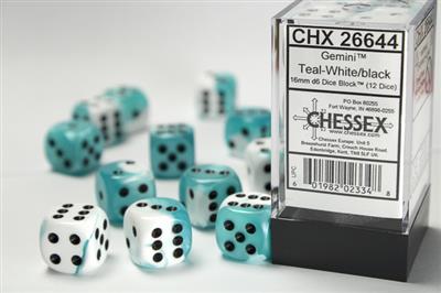 Gemini 16mm d6 Teal-White/black Dice Block (12 dice) CHX26644 - Dice Sets & Games