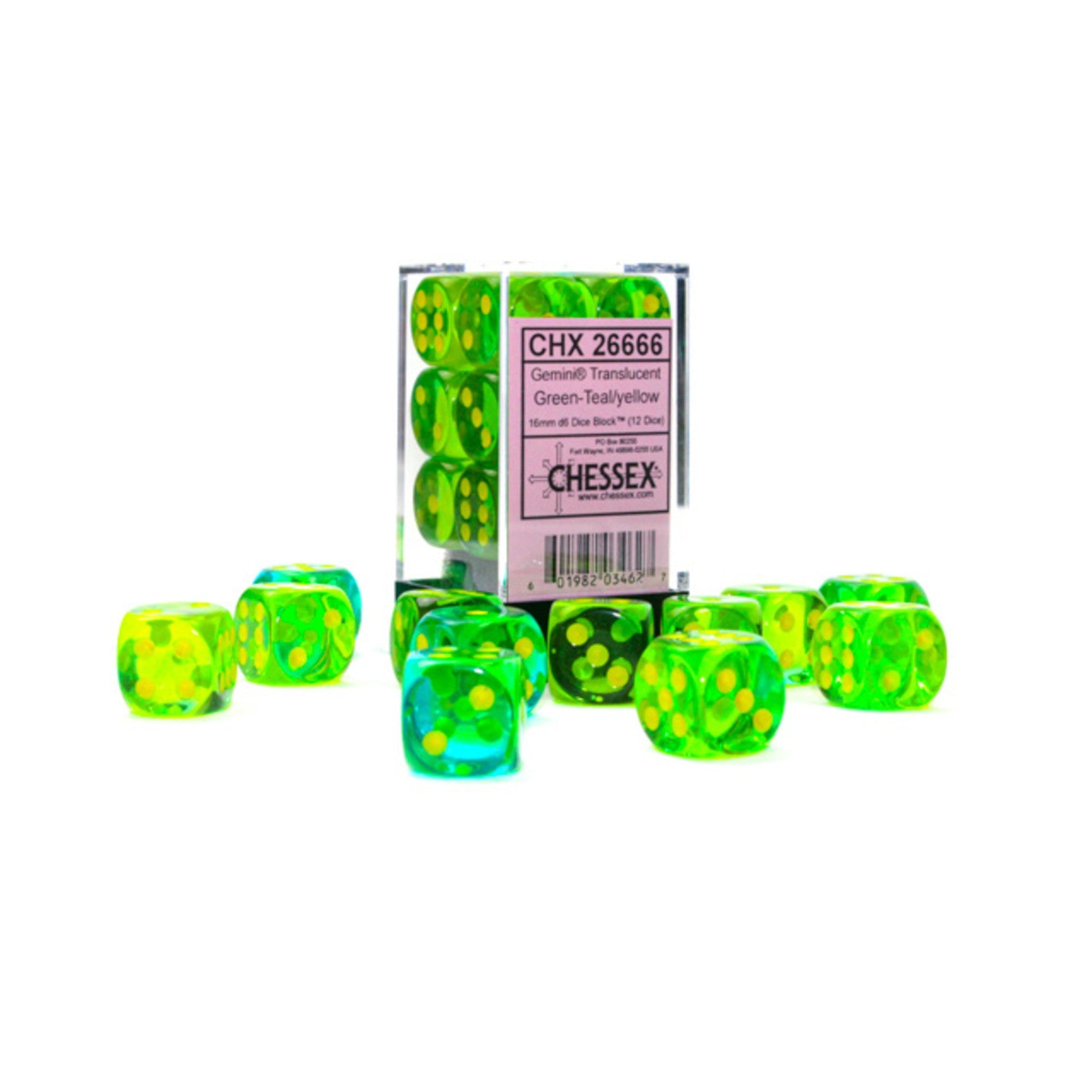 Gemini 16mm d6 Translucent Green-Teal/yellow Dice Block (12 dice) CHX26666 - Dice Sets & Games