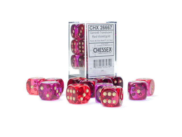 Gemini 16mm d6 Translucent Red-Violet/gold Dice Block (12 dice) CHX26667 - Dice Sets & Games