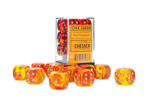 Gemini 16mm d6 Translucent Red-Yellow/gold Dice Block (12 dice) CHX26668 - Dice Sets & Games